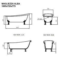 Magliezza Акриловая ванна на лапах Alba (168,5х72,5) ножки золото – фотография-3
